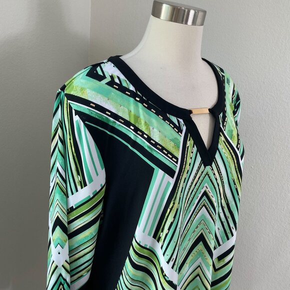 Jm Collection Womens Plus 3X Green Black Geometric Stretch Tunic Top 3/4 Sleeve - Picture 2 of 11
